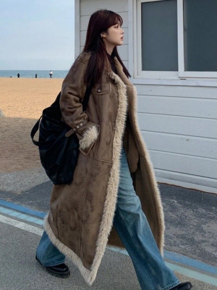 여성 양털 퍼 일체형 롱 코트 겨울 보온 빈티지 스타일 - 상세 이미지 4