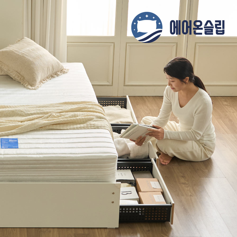 에어온슬립 E0 레이튼 3서랍침대+와이드선반 SS 슈퍼싱글 라이트오크 온슬립 본넬베이직매트
