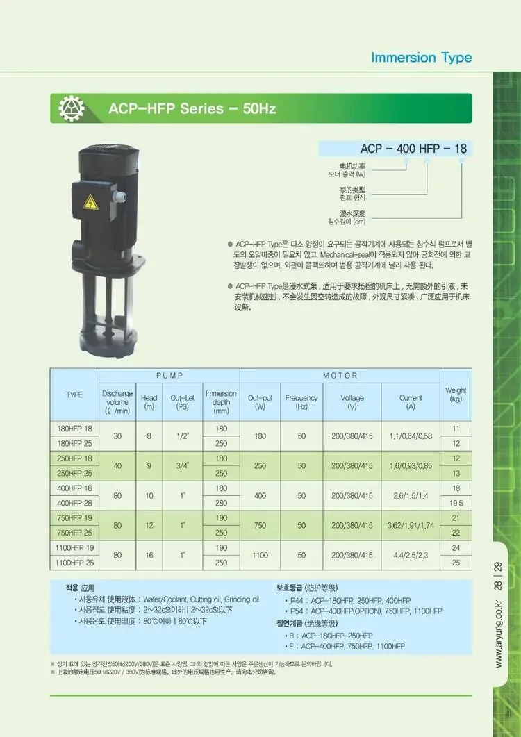 냉각 펌프 ACP-1100HFP25 ACP-750HFP19/25 A-RYUNG