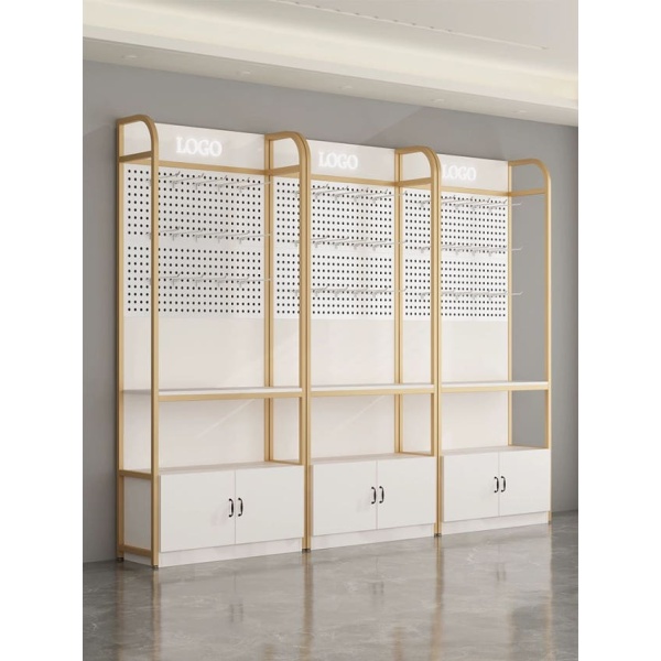 프리미엄 스마트폰 진열장 선반 휴대폰케이스 캐비닛 전시대 진열대 80x30x195 화이트+금프레임+홀판 - 상품 이미지