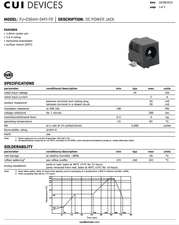 DC 전원 소켓 수 헤드 2mm 5.5mm 5A 24V PJ-036AH-SMT-TR개