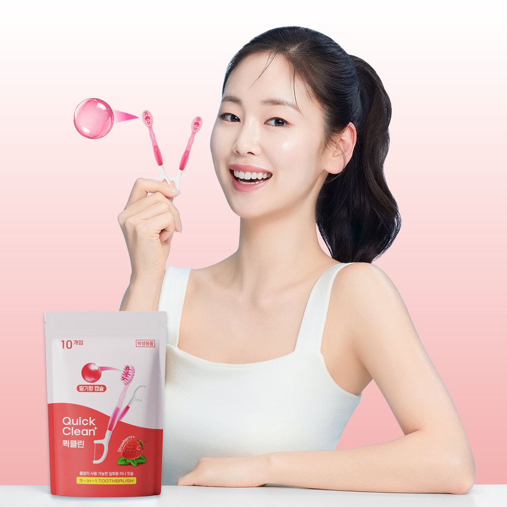 퀵클린 딸기향 물없이 사용하는 일회용 미니 칫솔 휴대용 여행용 개별포장 10개입, 5개 - 상세 이미지 3