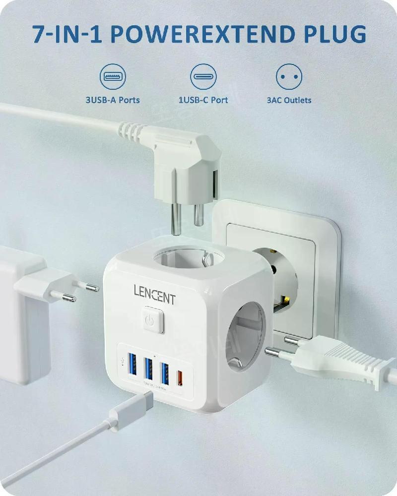 가정용 벽 콘센트 확장 AC USB 포트 타입 C 7-in-1 플러그 충전기 켜기/끄기 - 상세 이미지 2