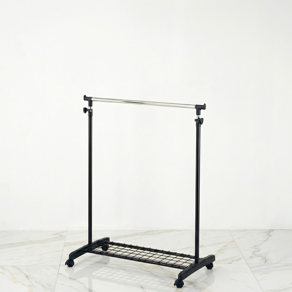 조립식 철제 스탠드 옷걸이 이동식 파이프 행거 바퀴달린 수납 옷걸이대 1단