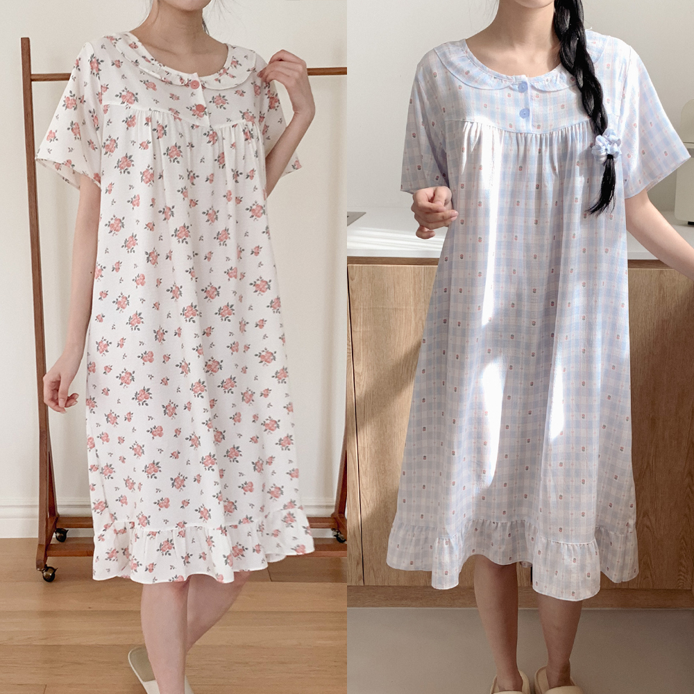 투위 여름 반팔 프릴 원피스잠옷 코튼 면 잠옷 인견 플라워 홈웨어 빅사이즈 여성실내복 상품 이미지