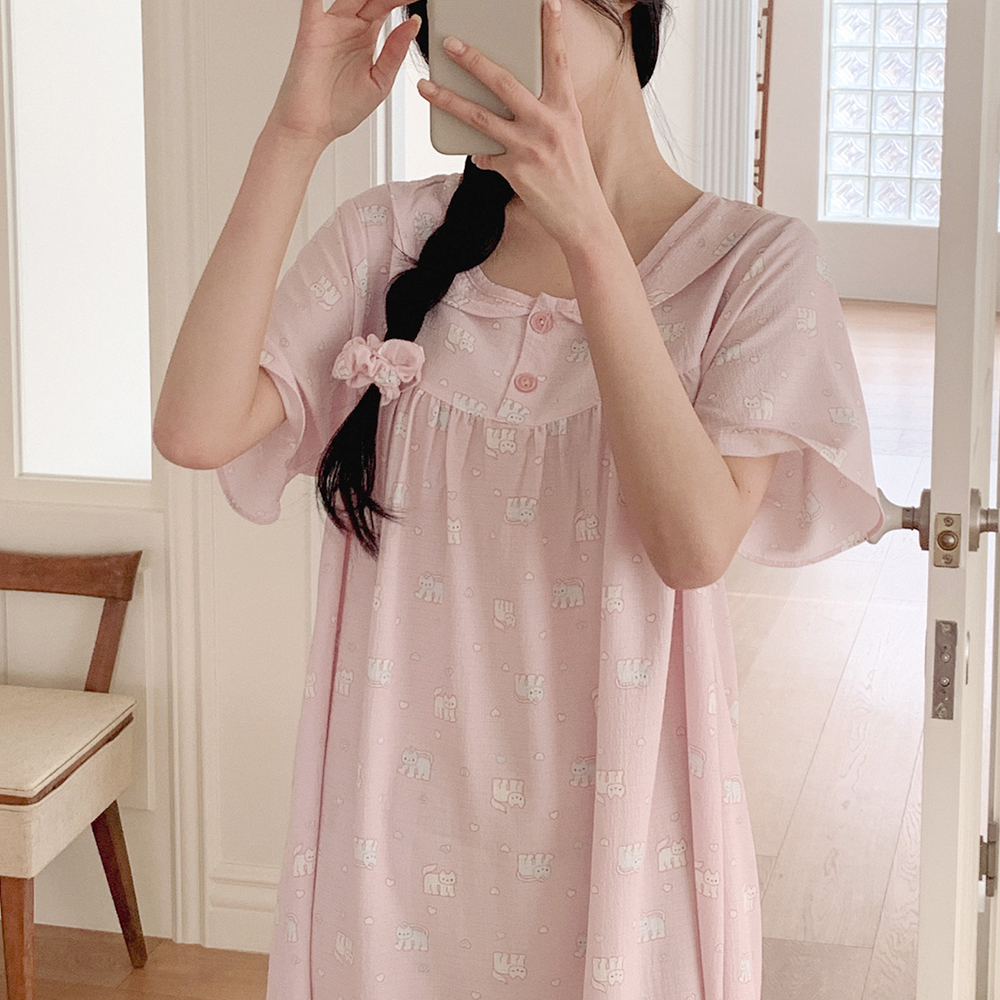 투위 여름 반팔 프릴 원피스잠옷 코튼 면 잠옷 인견 플라워 홈웨어 빅사이즈 여성실내복 상품 이미지