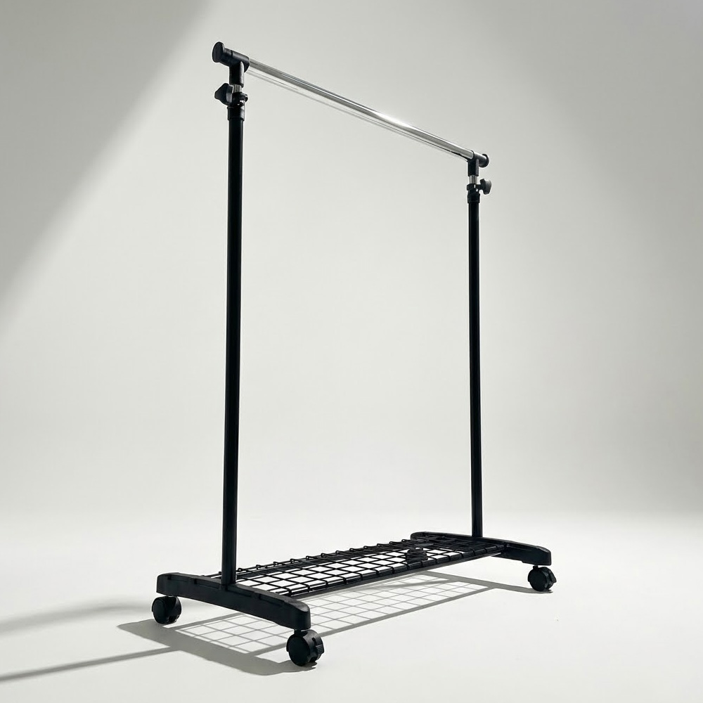 조립식 철제 스탠드 옷걸이 이동식 파이프 행거 바퀴달린 수납 옷걸이대 1단