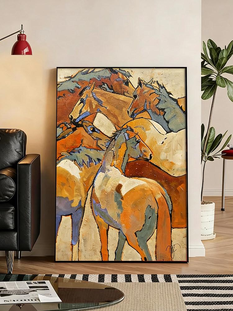 북유럽 모던 말그림 캔버스 풍수 말 추상 흑마 현관 현관액자 호텔 풍경 액자 브라운 - 상세 이미지 2