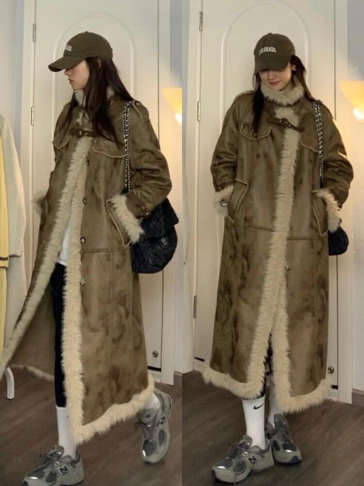 여성 양털 퍼 일체형 롱 코트 겨울 보온 빈티지 스타일 - 상세 이미지 3
