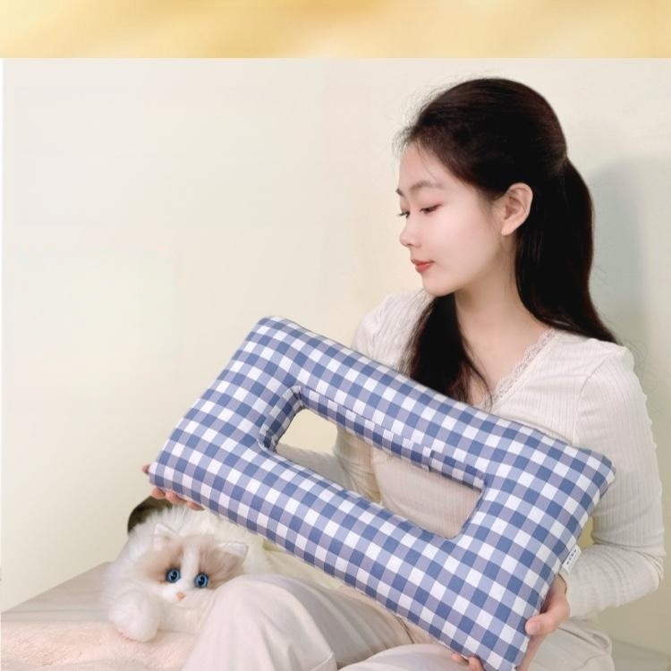 옆으로 자는 피어싱 베개 귀베개 격자 머리맡 귀쿠션 통기성 구멍 핑크체크 진주솜 부드러운 방음 얕은수면 7-7cm - 상세 이미지 2