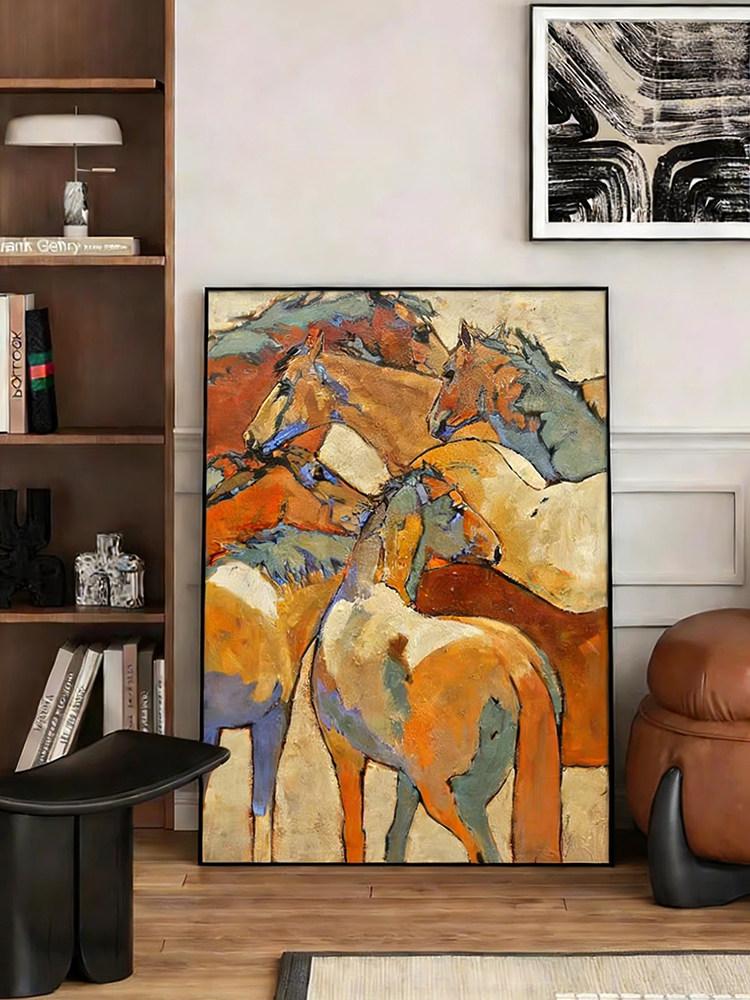 북유럽 모던 말그림 캔버스 풍수 말 추상 흑마 현관 현관액자 호텔 풍경 액자 브라운 - 상세 이미지 3