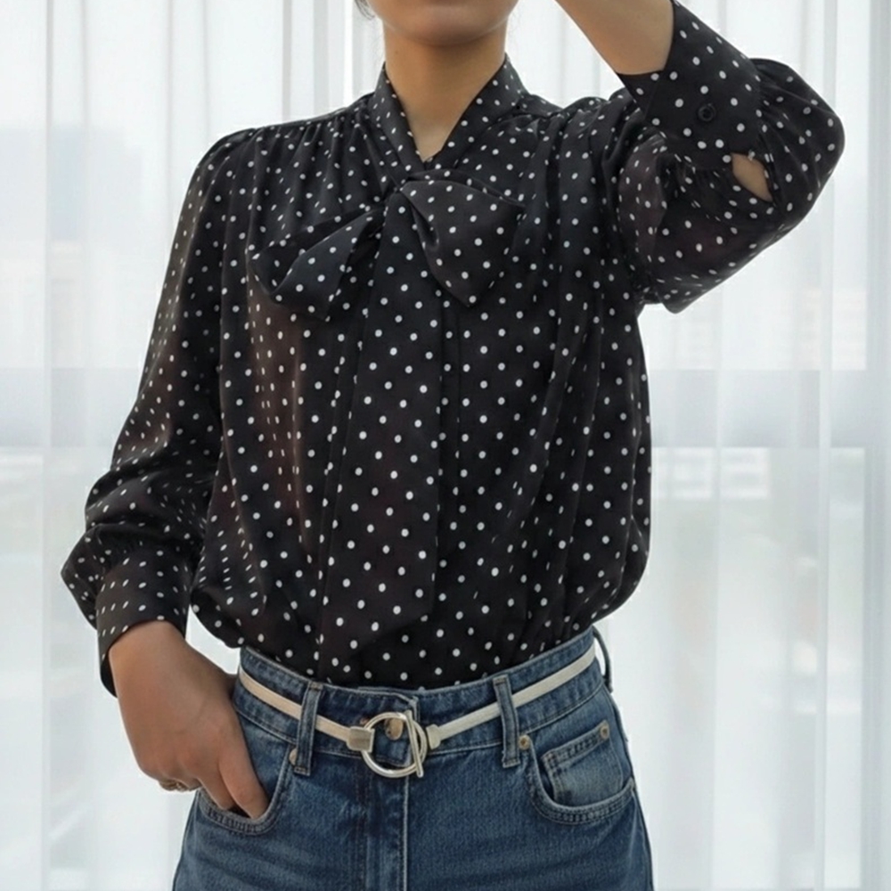 도트 왕리본 타이 블라우스 결혼식 하객룩 출근룩 이미지 7