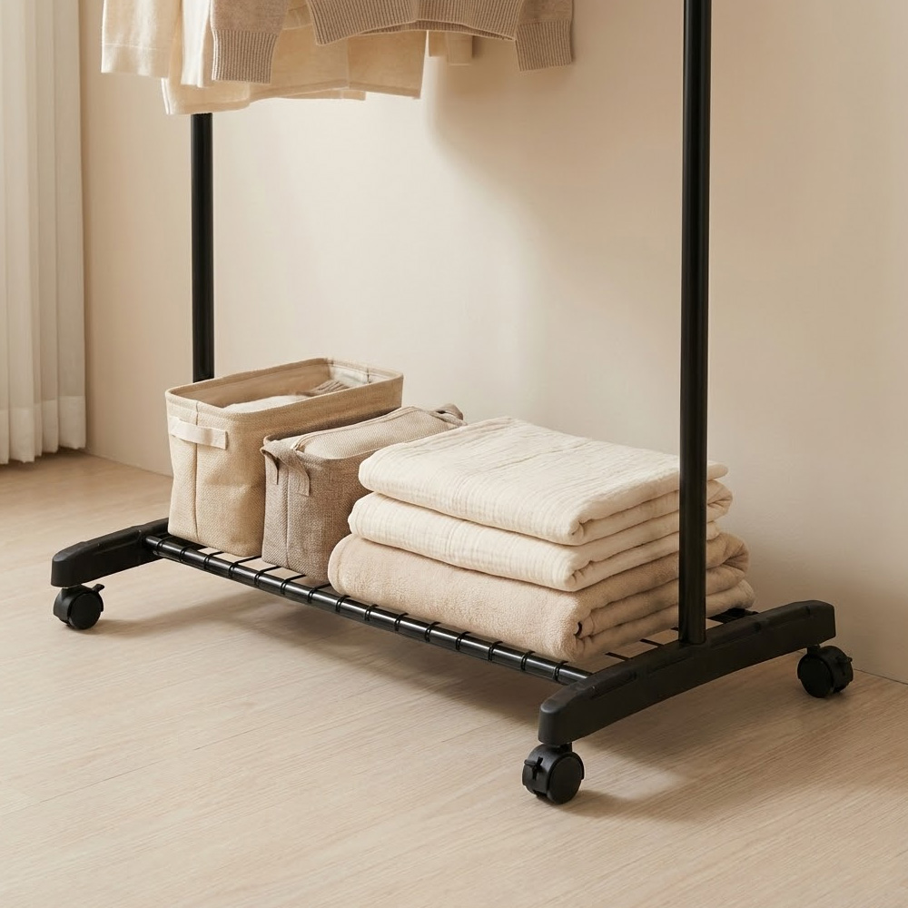 조립식 철제 스탠드 옷걸이 이동식 파이프 행거 바퀴달린 수납 옷걸이대 1단