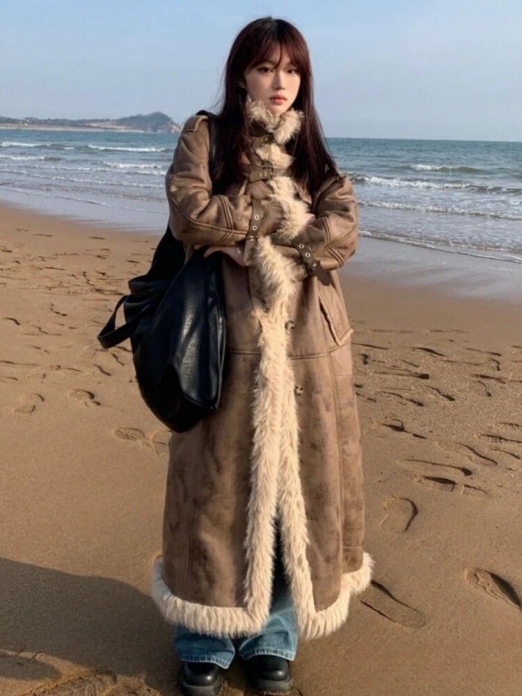여성 양털 퍼 일체형 롱 코트 겨울 보온 빈티지 스타일 - 상세 이미지 5