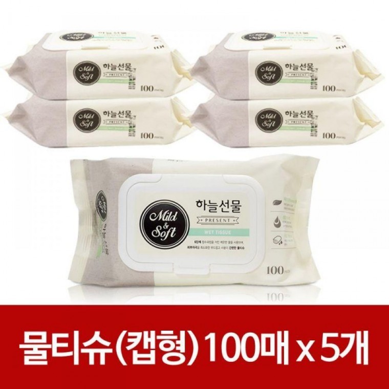 지니몰 하늘 선물 물티슈 캡형 100매x(5개) 휴대형 유아 아기