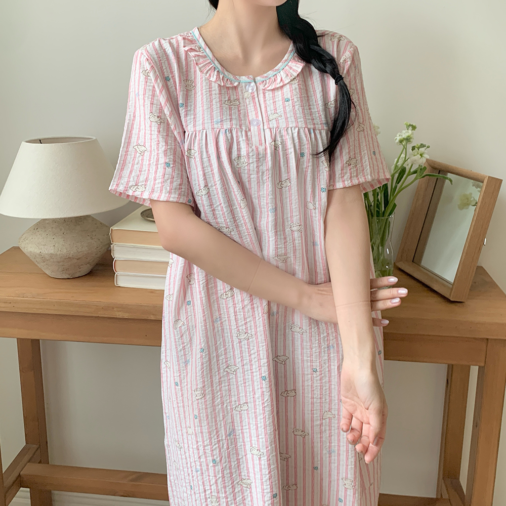 투위 여름 반팔 프릴 원피스잠옷 코튼 면 잠옷 인견 플라워 홈웨어 빅사이즈 여성실내복 상품 이미지