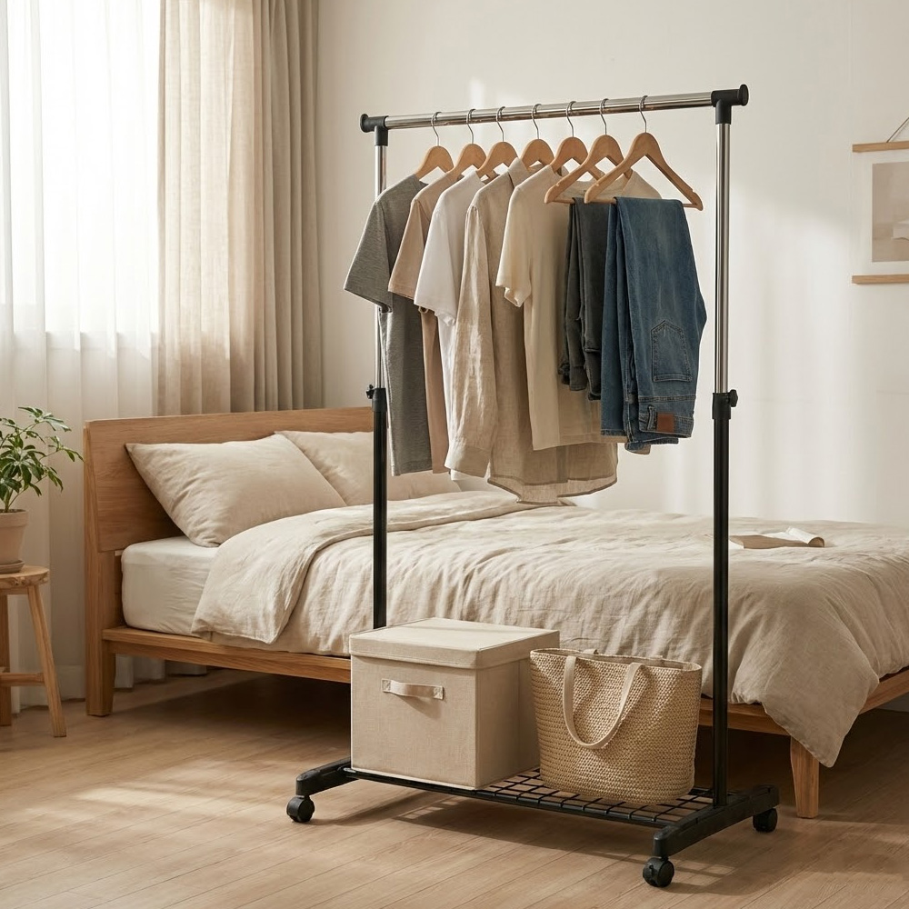 조립식 철제 스탠드 옷걸이 이동식 파이프 행거 바퀴달린 수납 옷걸이대 1단