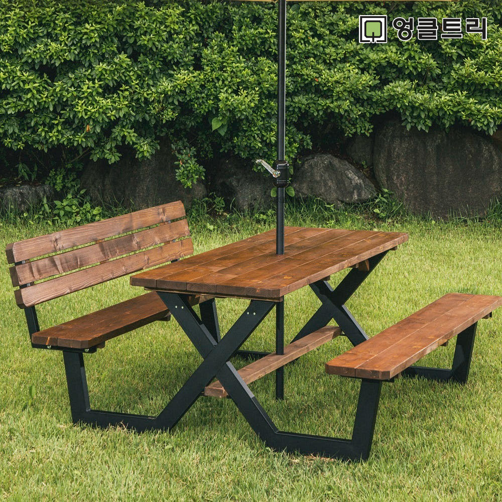 [강철]야외테이블세트 피크닉 나무 가든데크 한쪽등받이 4인월넛색