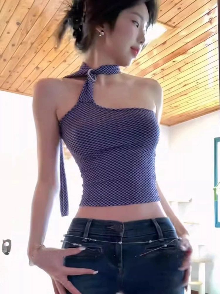 섹시 언밸런스 체크 넥타이 슬립 여름 바캉스 해변 휴양지 상의 블루 M - 상세 이미지 3