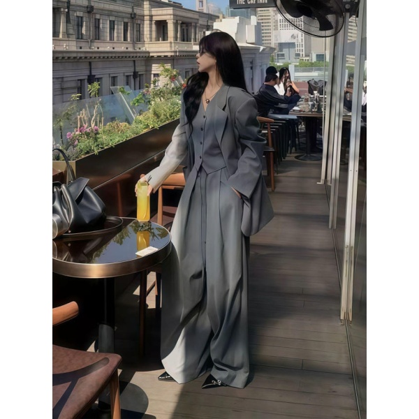 세련된 여성 가을 쓰리피스 오버엣지 롱재킷 자켓 오피스룩 그레이 수트+베스트+그레이 와이드 팬츠 S - 상세 이미지 2
