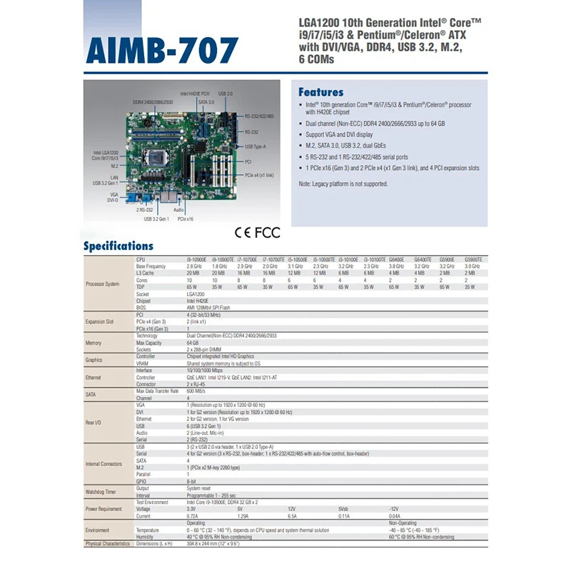 산업마더보드 LGA1200 대 코어 i9/i7/i5/i3ECC 아님 USB 3.2 DDR4 M.2 어드밴텍 AIMB-707 AIMB-707G2용
