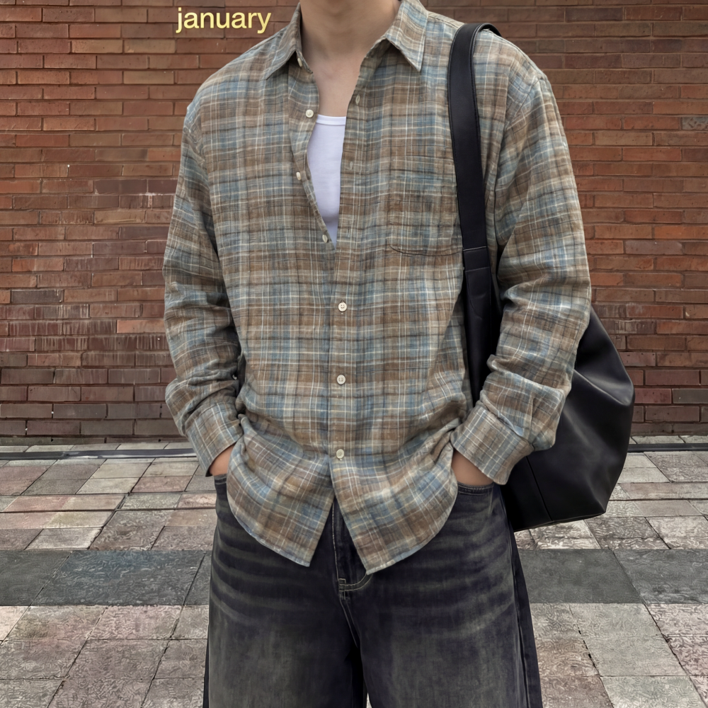남자 체크셔츠 오버핏 캐주얼 긴팔 봄남방 - 상품 이미지