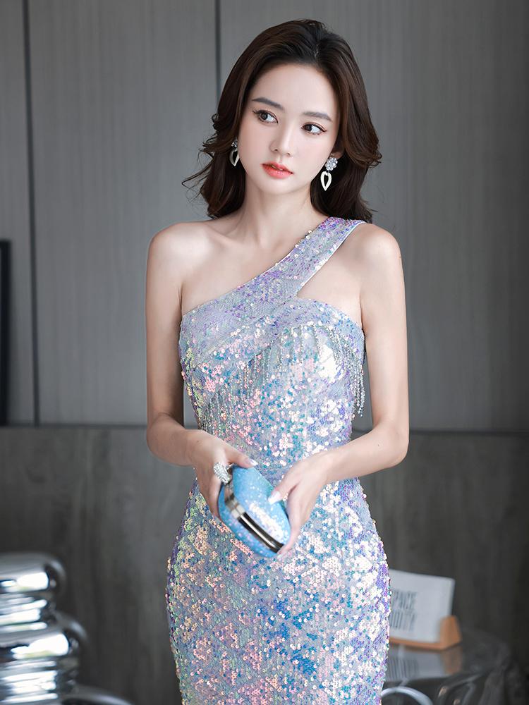 원숄더 드레스 블루 머메이드 시상식 슬림 펄 연회장 오프숄더 새틴 로렌 여성 촬영 - 상세 이미지 4