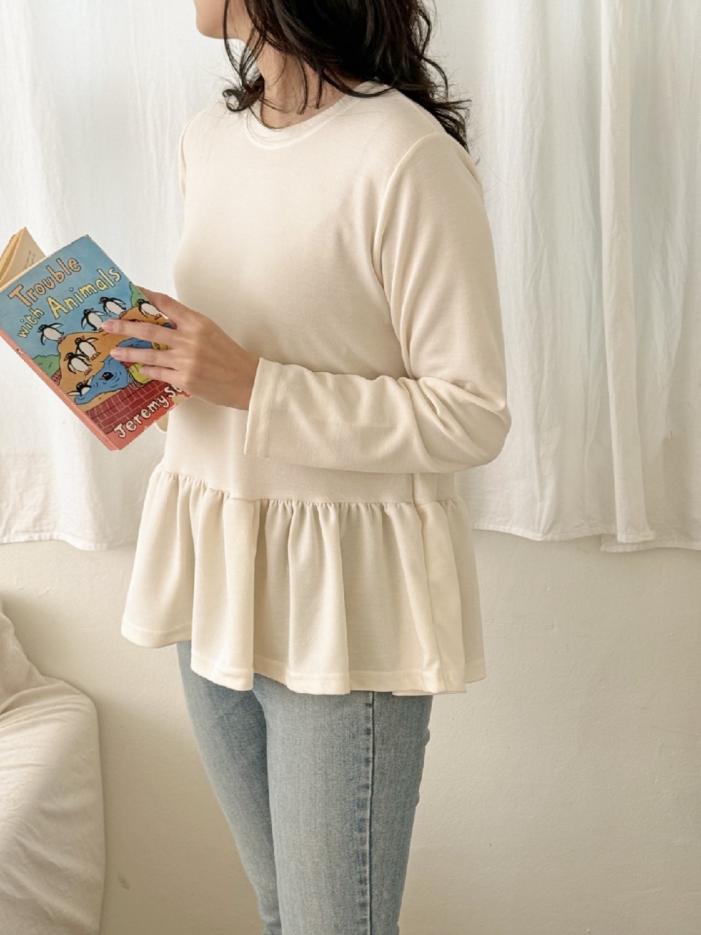 프릴티셔츠 흰티 여성 이너 레이어드 기본 무지 긴팔 티셔츠 - 상세 이미지 4