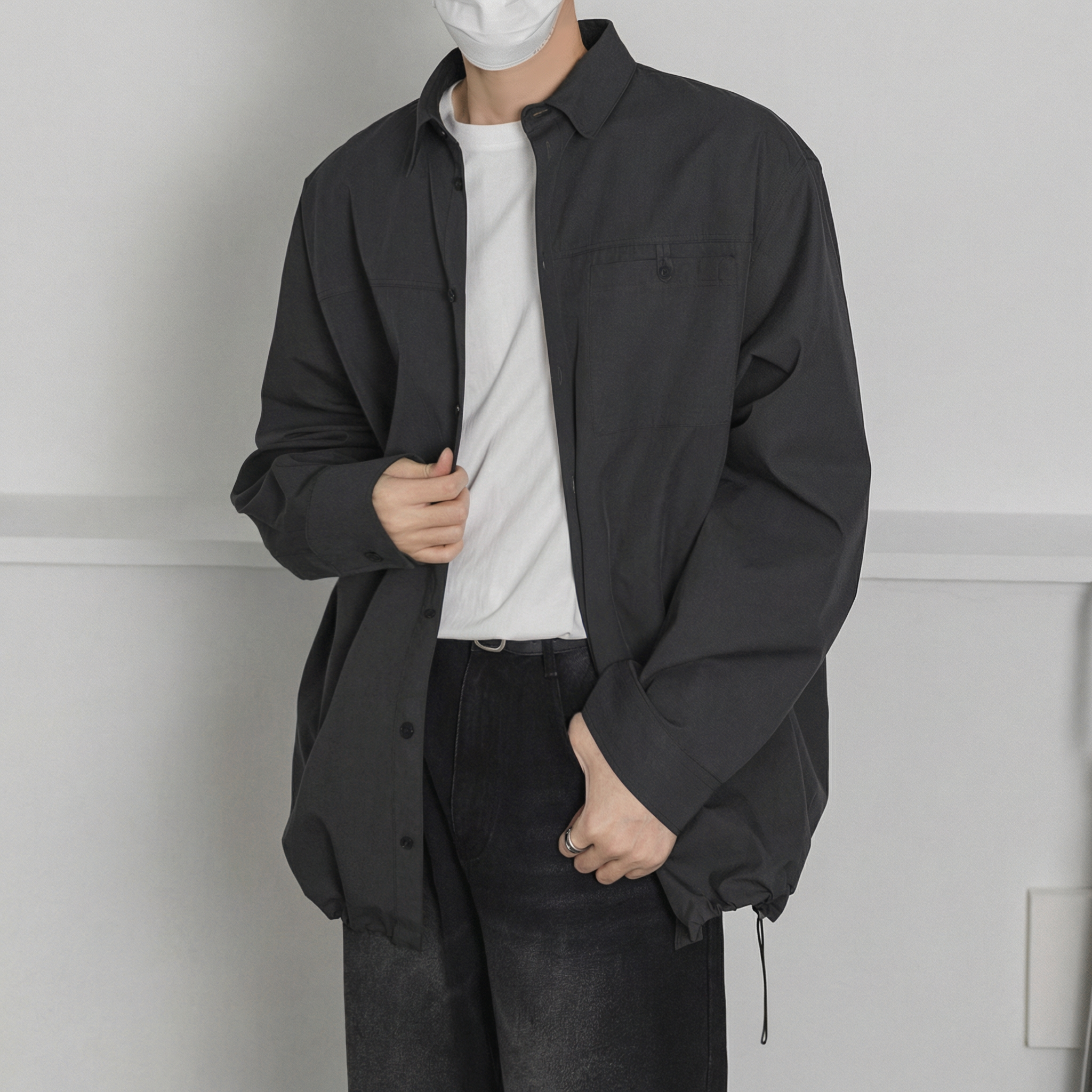 남자 오버핏 봄 셔츠 셔켓 남성 남방 긴팔 블랙셔츠 캐쥬얼 스트링 - 상세 이미지 3
