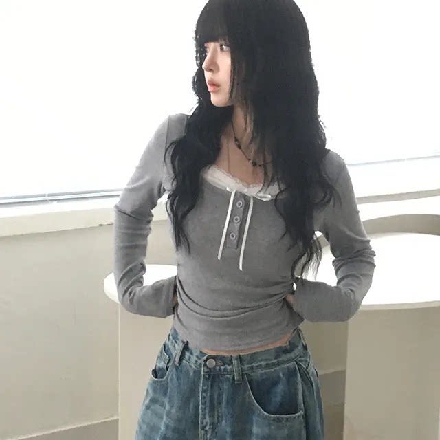 여성 레이스 끈 스타일 헨리넥 단추 긴팔 슬림핏 부드러운 면스판 봄가을 데일리 캐주얼 - 상품 이미지