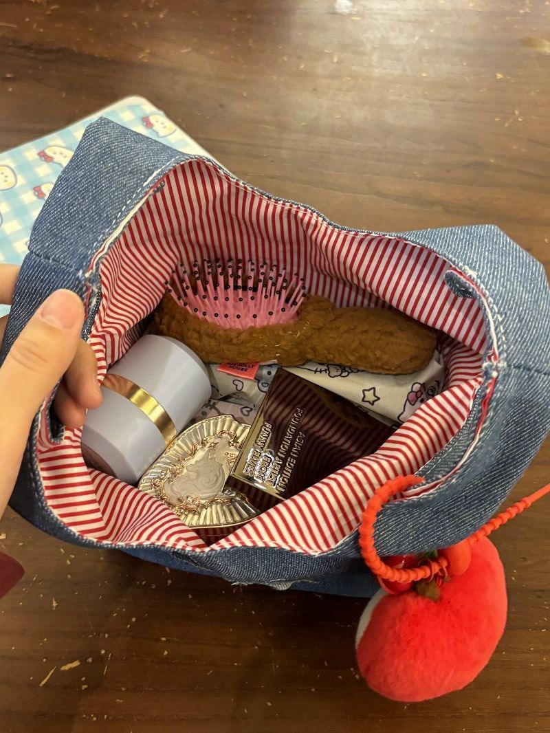자수 데님 토트백 손목 가방 미니 핸드백 화장품 파우치 수납백 고양이 얼굴 데님 손목 가방 1개 펜던트없음 - 상세 이미지 2