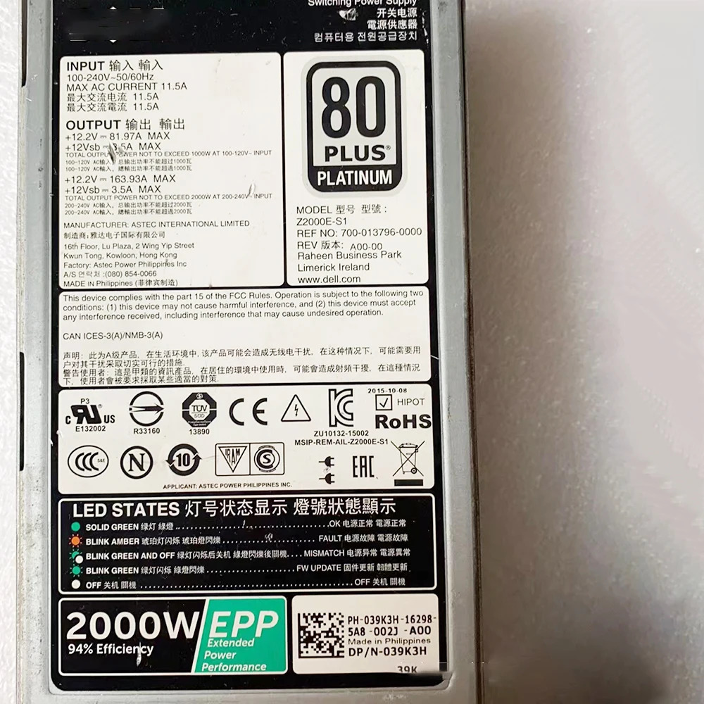DELL R830 T630 2000W 서버 전원공급장치 Z2000E-S1 0W1R7V W1R7V용