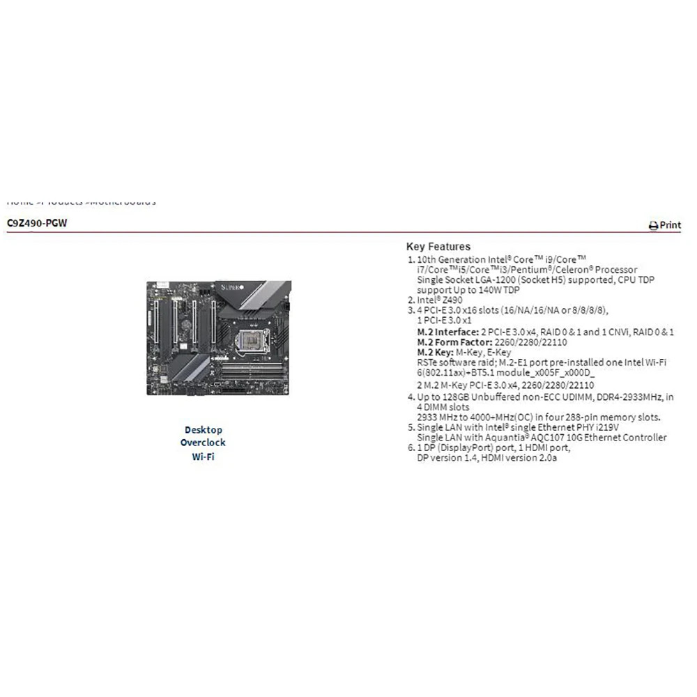 Supermicro 데스크탑 WiFi 마더보드C9Z490-PGW 대 코어 i9/i7/i5/i3 LGA-1200 DDR4-293Hz