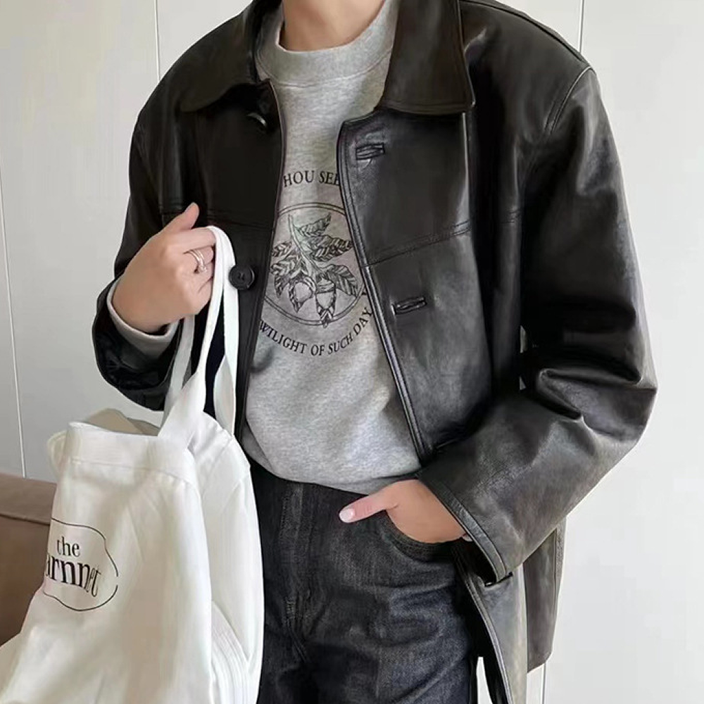 여성 양가죽 자켓 블랙 오버핏 가을 간절기 레더자켓 아우터 - 상세 이미지 3