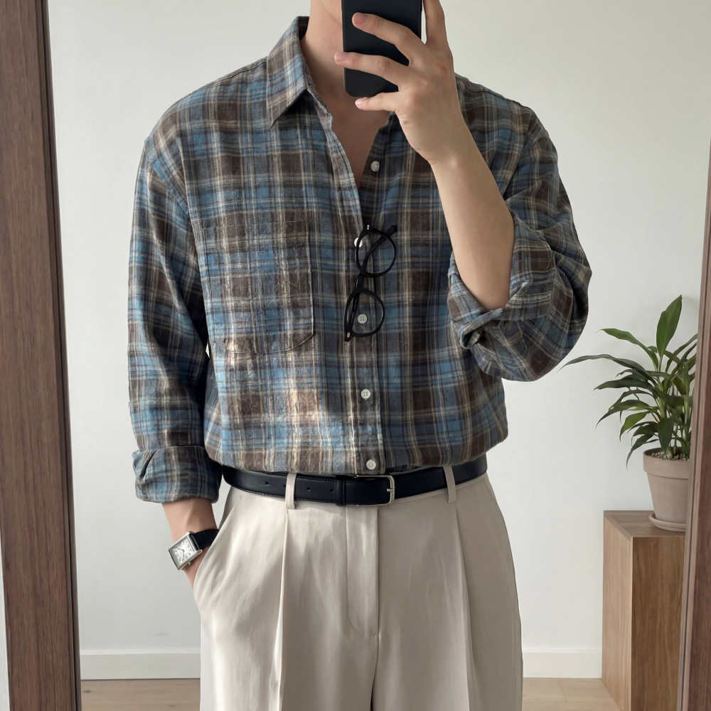 남자 체크셔츠 오버핏 캐주얼 긴팔 봄남방 - 상세 이미지 2
