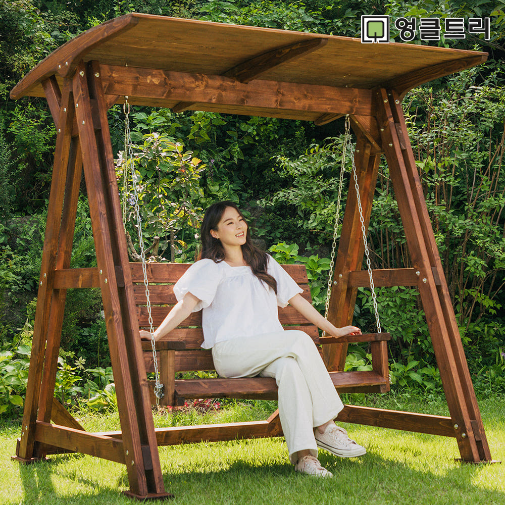[100%통 원목] 야외 흔들그네의자 공중나무 지붕O월넛색