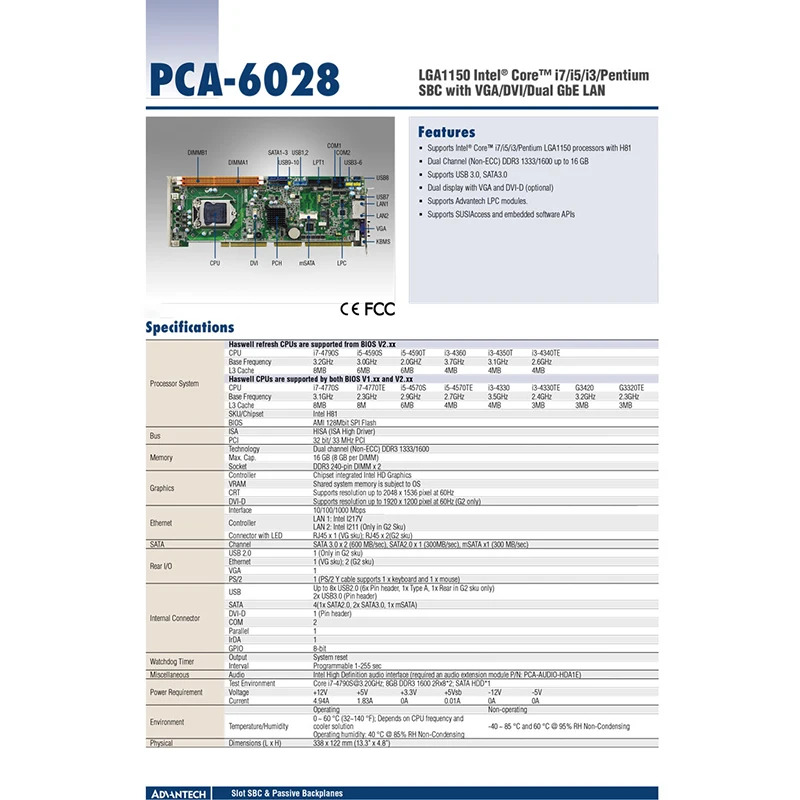 PCA-6028G2 산업제어 마더보드 LGA1150 H81 어드밴텍 PCA-6028 PCA-6028G2-00A1E듀얼 네트워크