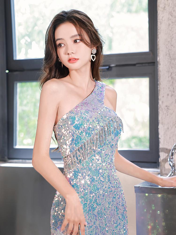 원숄더 드레스 블루 머메이드 시상식 슬림 펄 연회장 오프숄더 새틴 로렌 여성 촬영 - 상세 이미지 3
