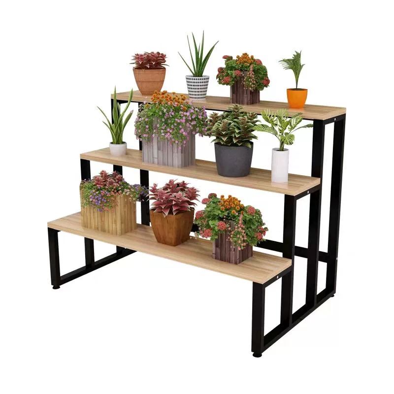 철제 화분받침대 플랜트 거치대 바퀴 달린 멜란지컬러 3단 120 x 72x90 블랙+라이트월넛 - 상품 이미지