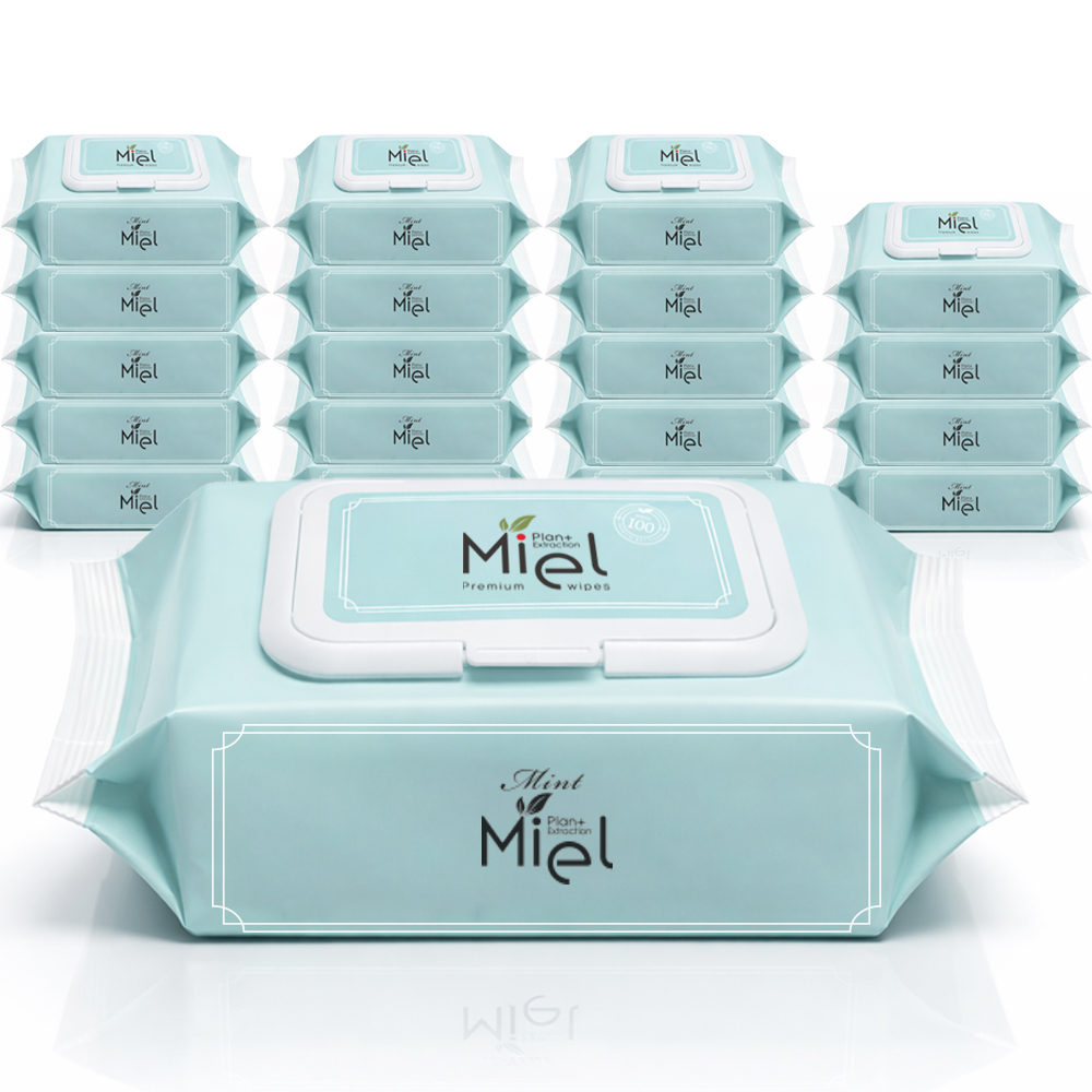 미엘 민트 아기물티슈 캡형 100매 20팩 히알루론산 플레인 35g