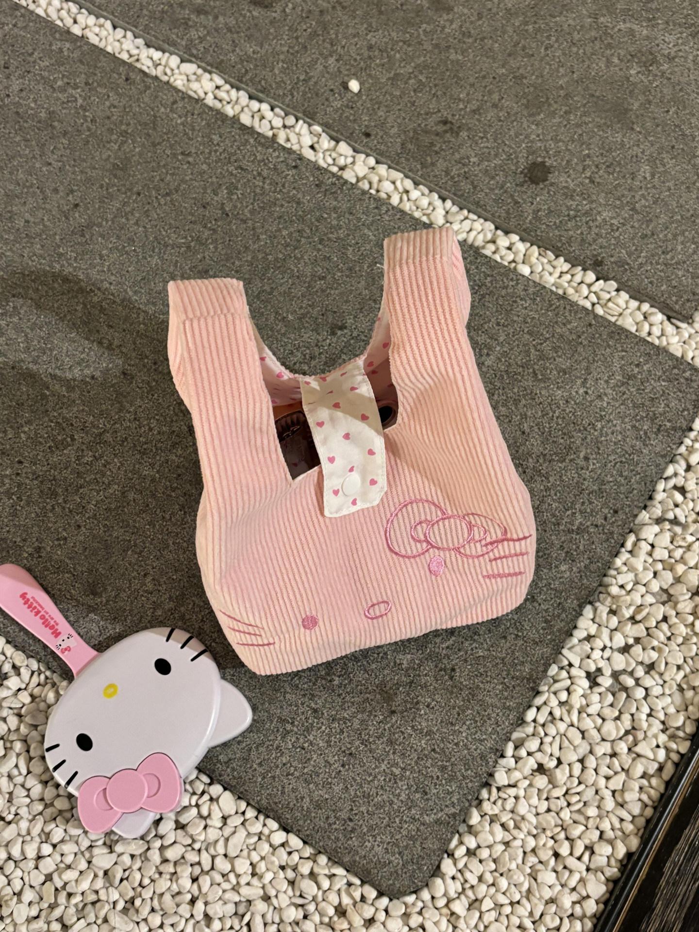헬로키티 코듀로이 토트백 손목 가방 캔버스 미니 핸드백 파우치 수납백 보조 핑크 KT 코듀로이 핸드백 - 상세 이미지 5