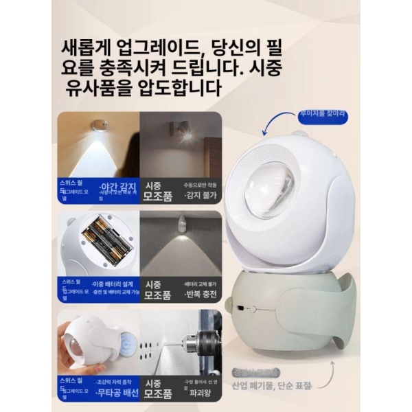 프리미엄 무선 충전식 핀조명 부착식 인테리어 무타공 액자 전지형 배터리 유형 흰색 1개 감지 및 항상 - 상세 이미지 2