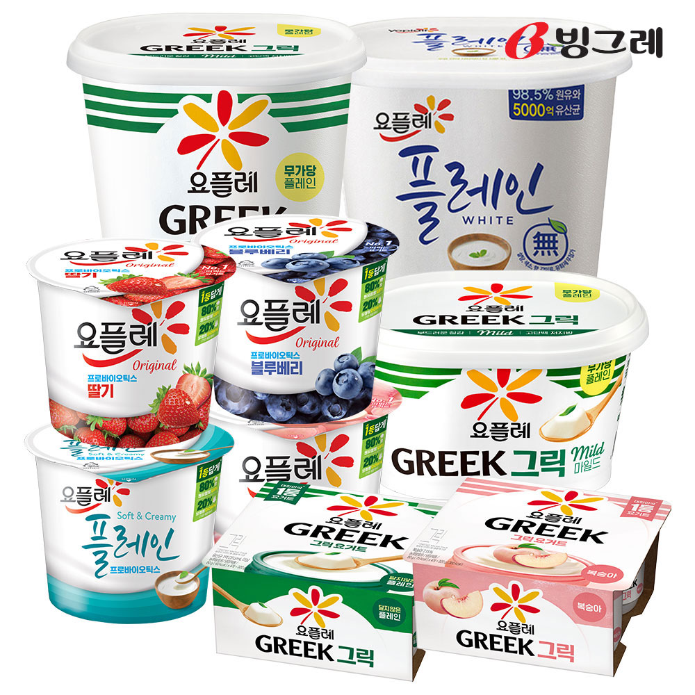 빙그레 요플레홈 딸기 180g 12개 골라담기 /복숭아 플레인무가당 그릭요거트 - 상품 이미지