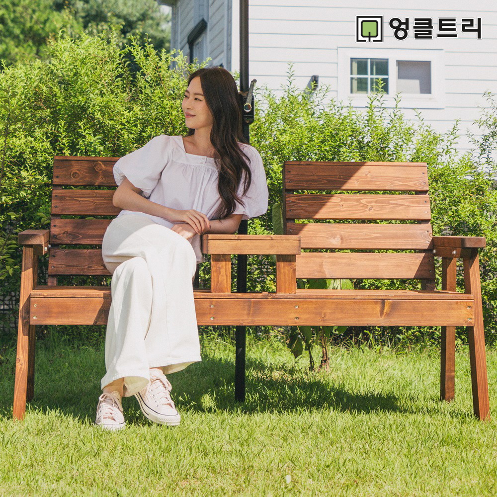 [100% 통원목] 야외벤치 의자 정원 테라스 야외용 공원 카페 나무 더블체어 - 상품 이미지