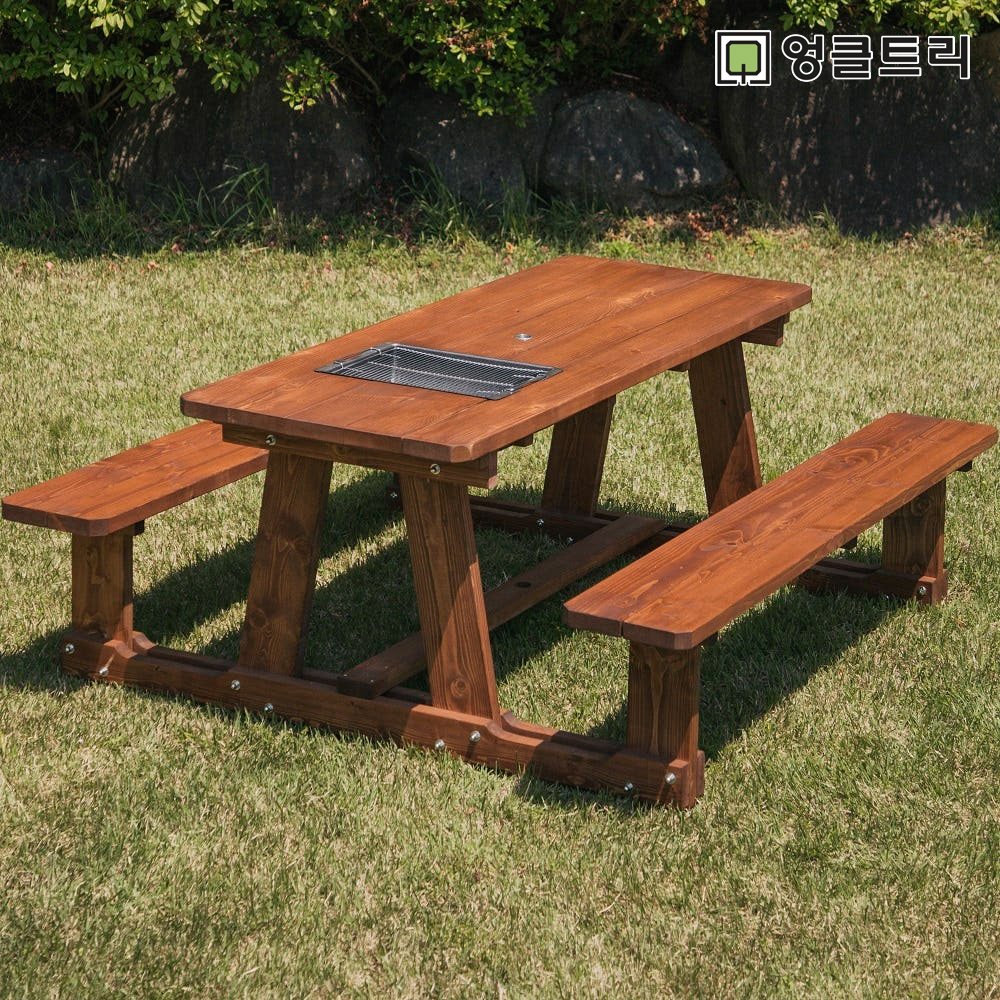 [바베큐형] 야외테이블 세트 파라솔 피크닉 정원 개방형 4인월넛색