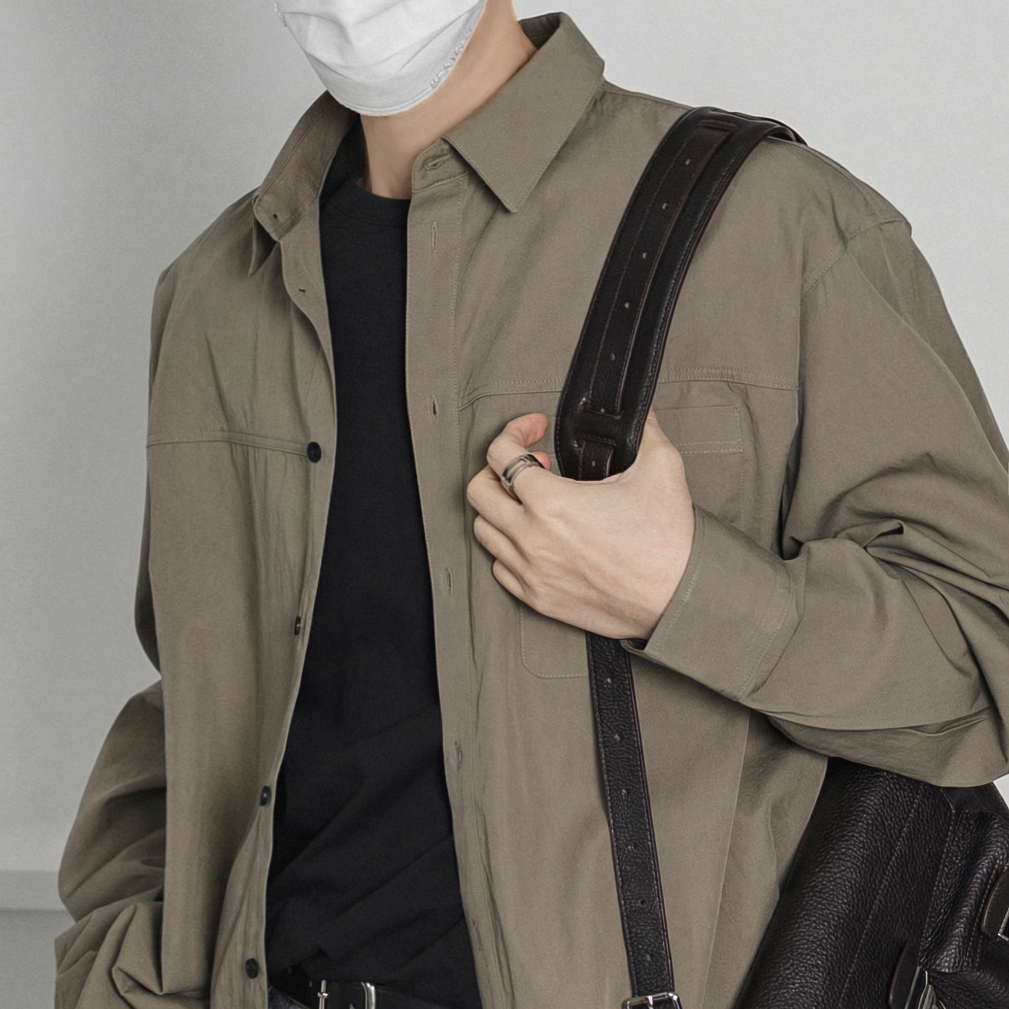 남자 오버핏 봄 셔츠 셔켓 남성 남방 긴팔 블랙셔츠 캐쥬얼 스트링 이미지 7