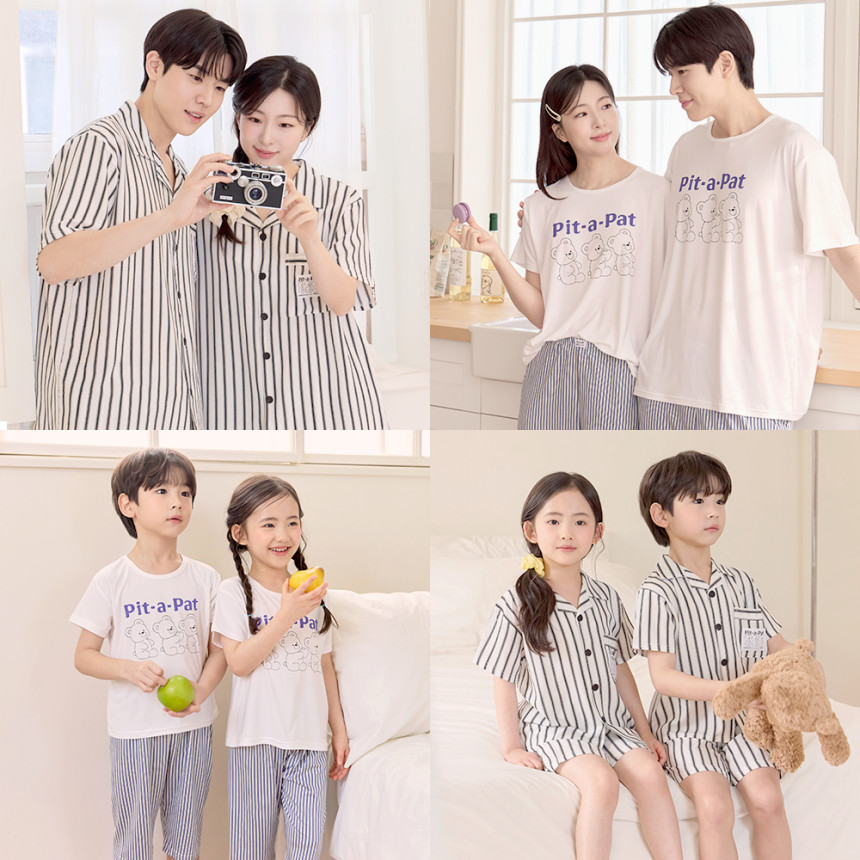 tuwe/투위 여름 반팔 패밀리 홈웨어 실키 엠보 잠옷 주니어 아동 파자마 세트 가족 잠옷