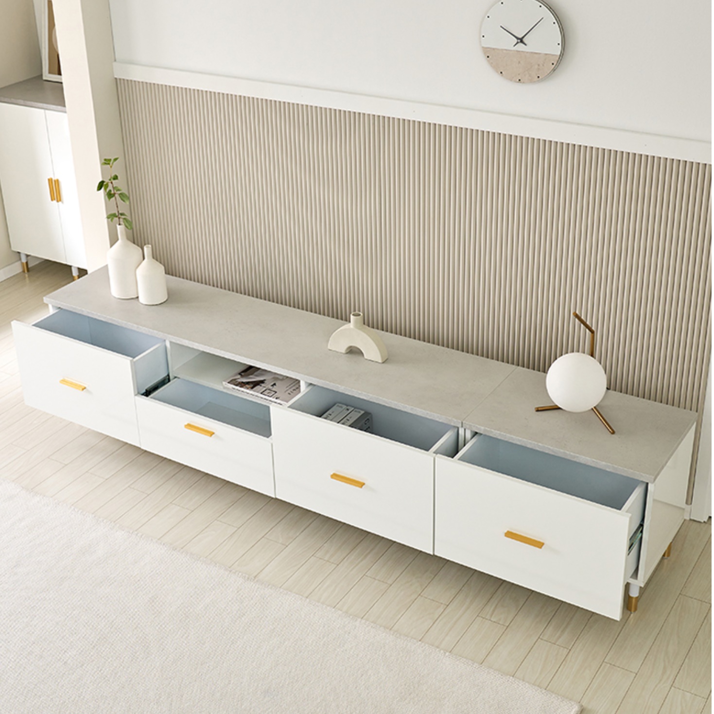 모던 티비 다이 화이트 거실장 75인치 티비거실장 오디오 장 장식장 티브 얇은 낮은 2400