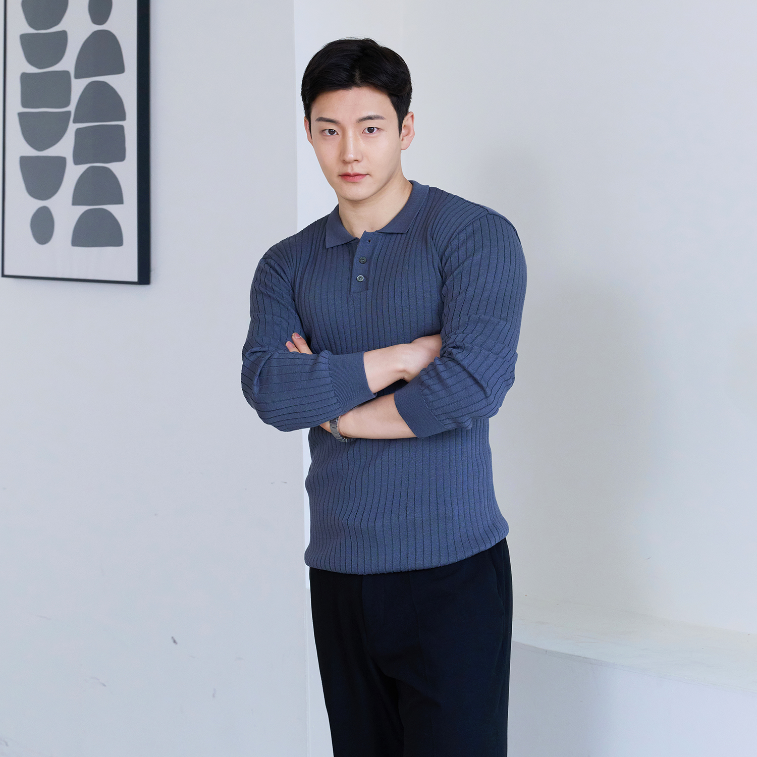 남자 머슬핏 니트 긴팔 골지 카라 이미지 3