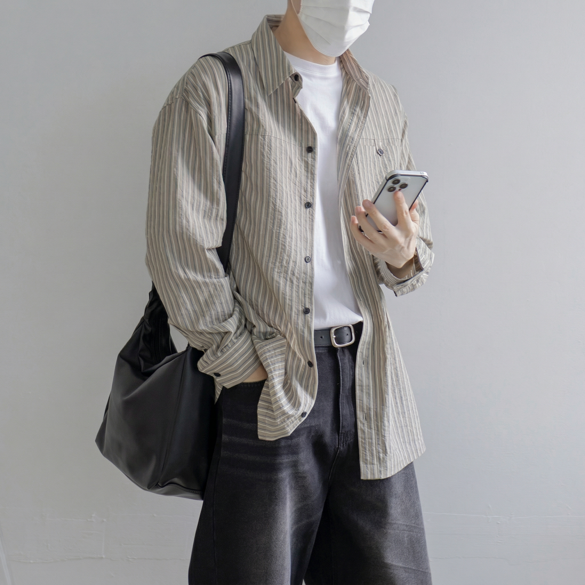 남자 스트라이프 셔츠 남성 오버핏 캐쥬얼 구김없는 셔츠 이미지 6